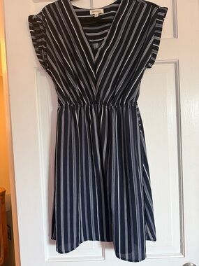 Monteau Navy Blue and White Striped V-Neck Mini Dress